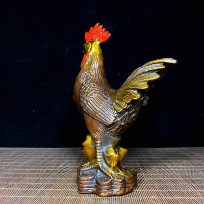 Handcrafted Solid Copper Gilt Painted Rooster Sculpture - Antique Asian Decor, Unique Desktop Ornament, Personalized Gift