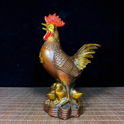 Handcrafted Solid Copper Gilt Painted Rooster Sculpture - Antique Asian Decor, Unique Desktop Ornament, Personalized Gift