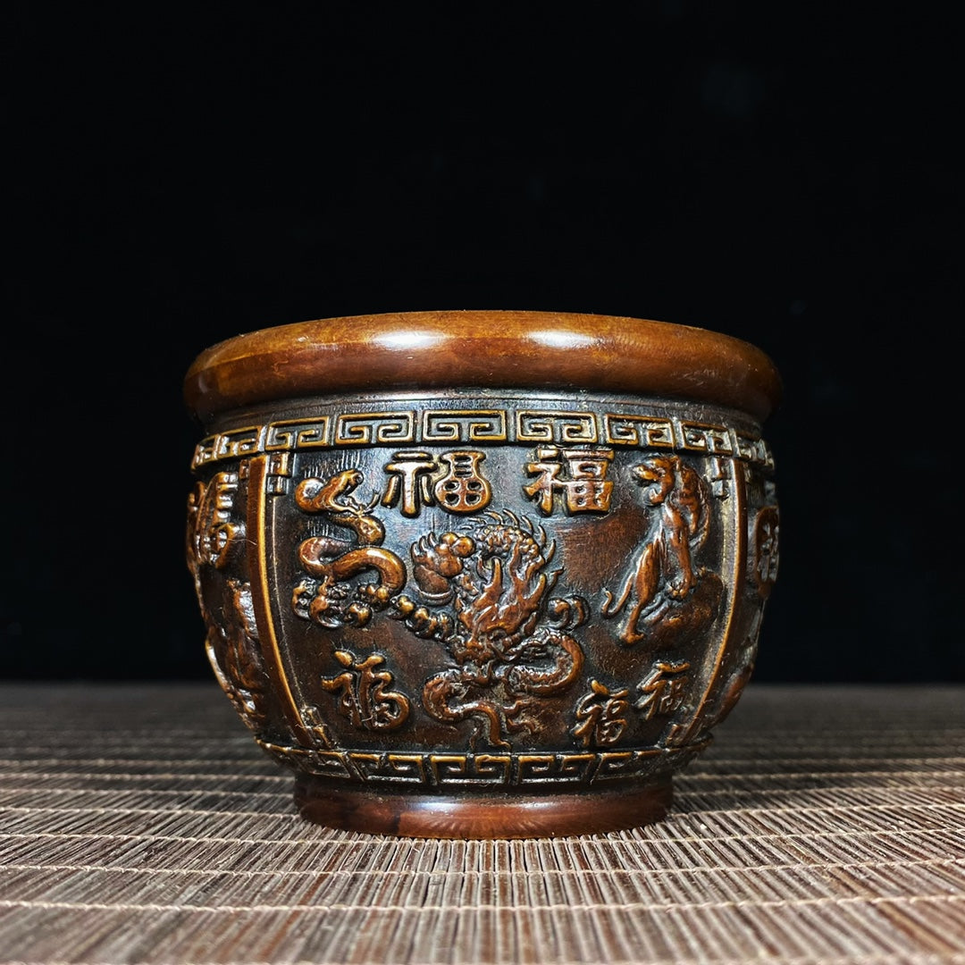 Handcrafted Pure Copper Relief 'Hundred Blessings' Zodiac Jar - Antique Asian Decor, Unique Desk Ornament, Personalized Gift