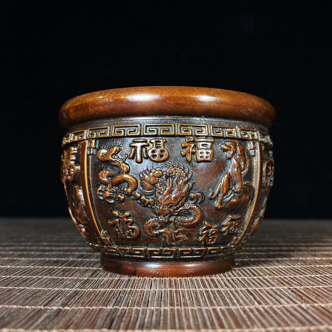 Handcrafted Pure Copper Relief 'Hundred Blessings' Zodiac Jar - Antique Asian Decor, Unique Desk Ornament, Personalized Gift