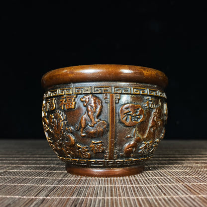 Handcrafted Pure Copper Relief 'Hundred Blessings' Zodiac Jar - Antique Asian Decor, Unique Desk Ornament, Personalized Gift