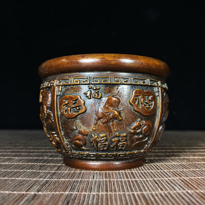 Handcrafted Pure Copper Relief 'Hundred Blessings' Zodiac Jar - Antique Asian Decor, Unique Desk Ornament, Personalized Gift