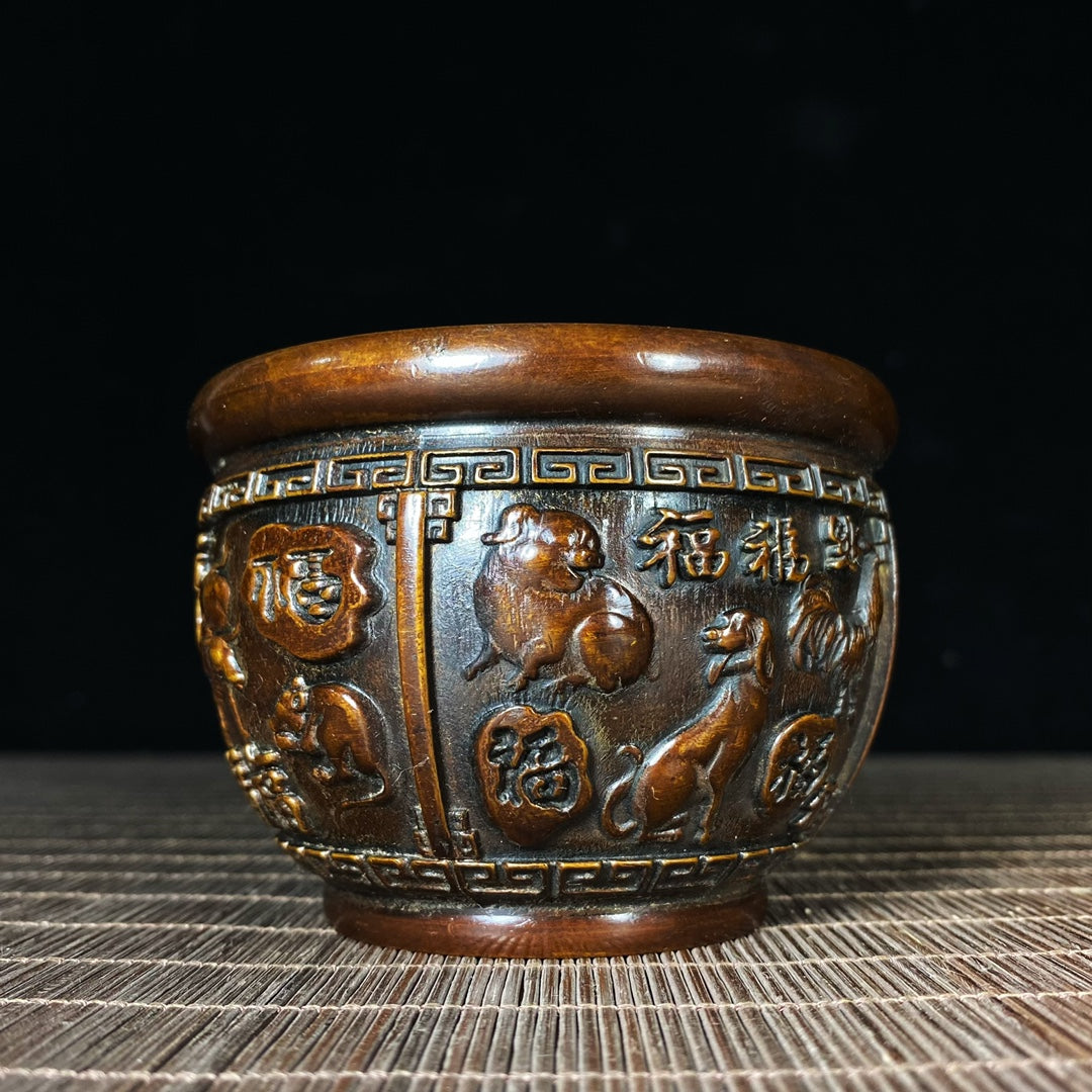 Handcrafted Pure Copper Relief 'Hundred Blessings' Zodiac Jar - Antique Asian Decor, Unique Desk Ornament, Personalized Gift