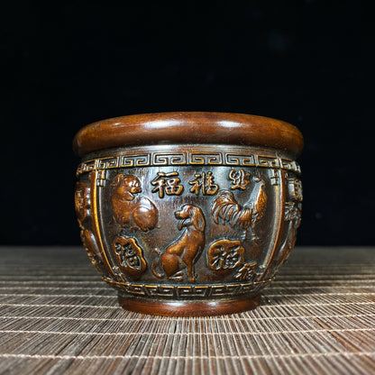 Handcrafted Pure Copper Relief 'Hundred Blessings' Zodiac Jar - Antique Asian Decor, Unique Desk Ornament, Personalized Gift