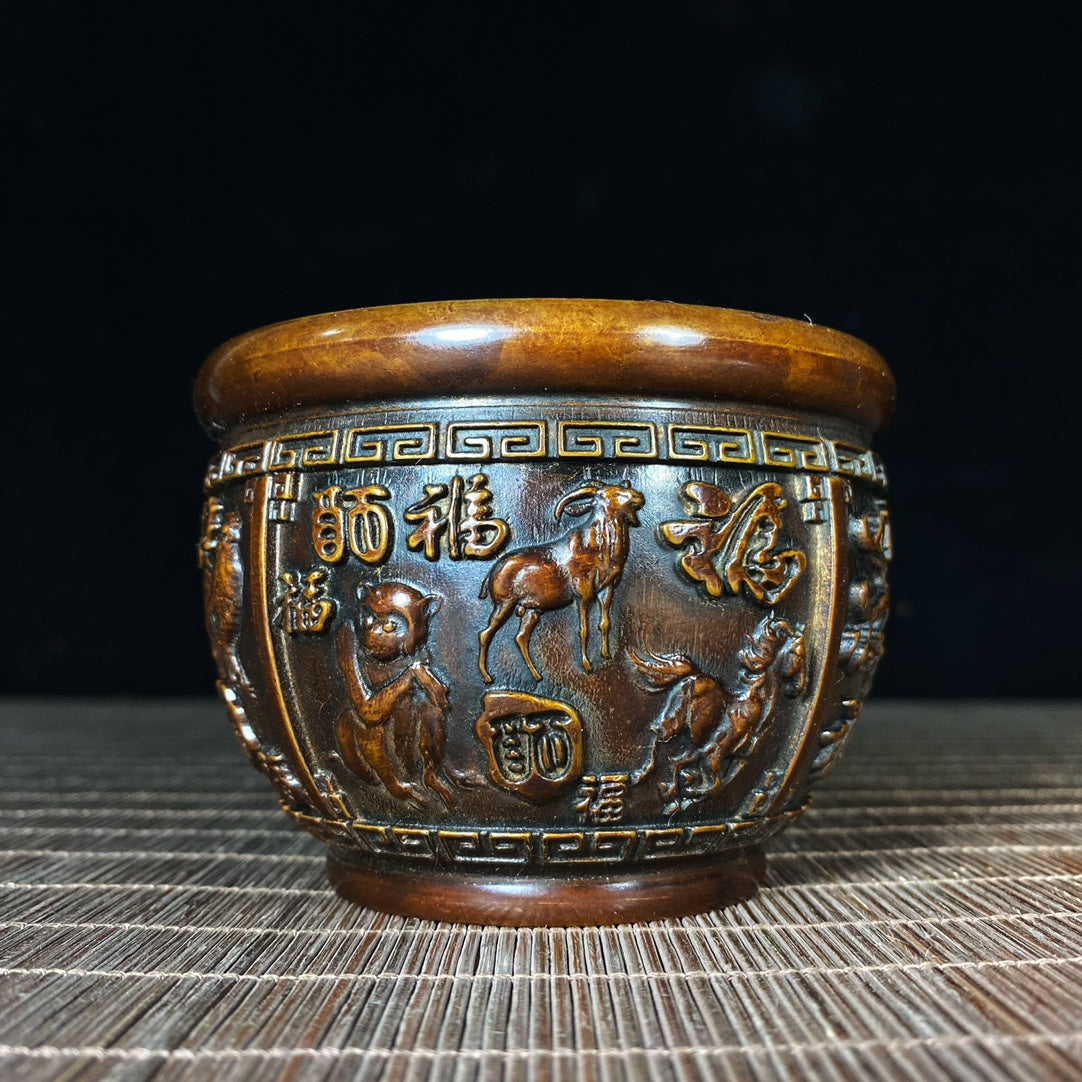 Handcrafted Pure Copper Relief 'Hundred Blessings' Zodiac Jar - Antique Asian Decor, Unique Desk Ornament, Personalized Gift