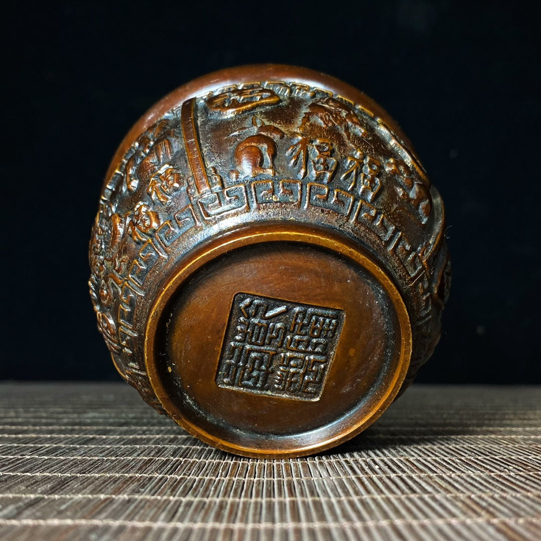 Handcrafted Pure Copper Relief 'Hundred Blessings' Zodiac Jar - Antique Asian Decor, Unique Desk Ornament, Personalized Gift