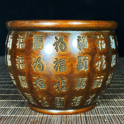 Handcrafted Pure Copper Jar with Engraved 'Fu' Characters - Asian Antique Decor, Personalized Gift, Desktop Ornament