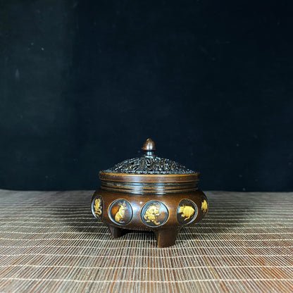 Handcrafted Pure Copper Gilded Dragon and Phoenix Incense Burner with Zodiac Signs - Antique Asian Decor, Unique Desk Ornament, Personalized Gift