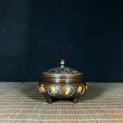 Handcrafted Pure Copper Gilded Dragon and Phoenix Incense Burner with Zodiac Signs - Antique Asian Decor, Unique Desk Ornament, Personalized Gift