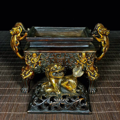 Handcrafted Square Incense Burner - Pure Copper Gilt Embossed Hollow Design - Antique Asian Decorative Tabletop Ornament - Unique Personalized Gift