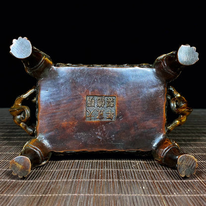 Handcrafted Square Incense Burner - Pure Copper Gilt Embossed Hollow Design - Antique Asian Decorative Tabletop Ornament - Unique Personalized Gift