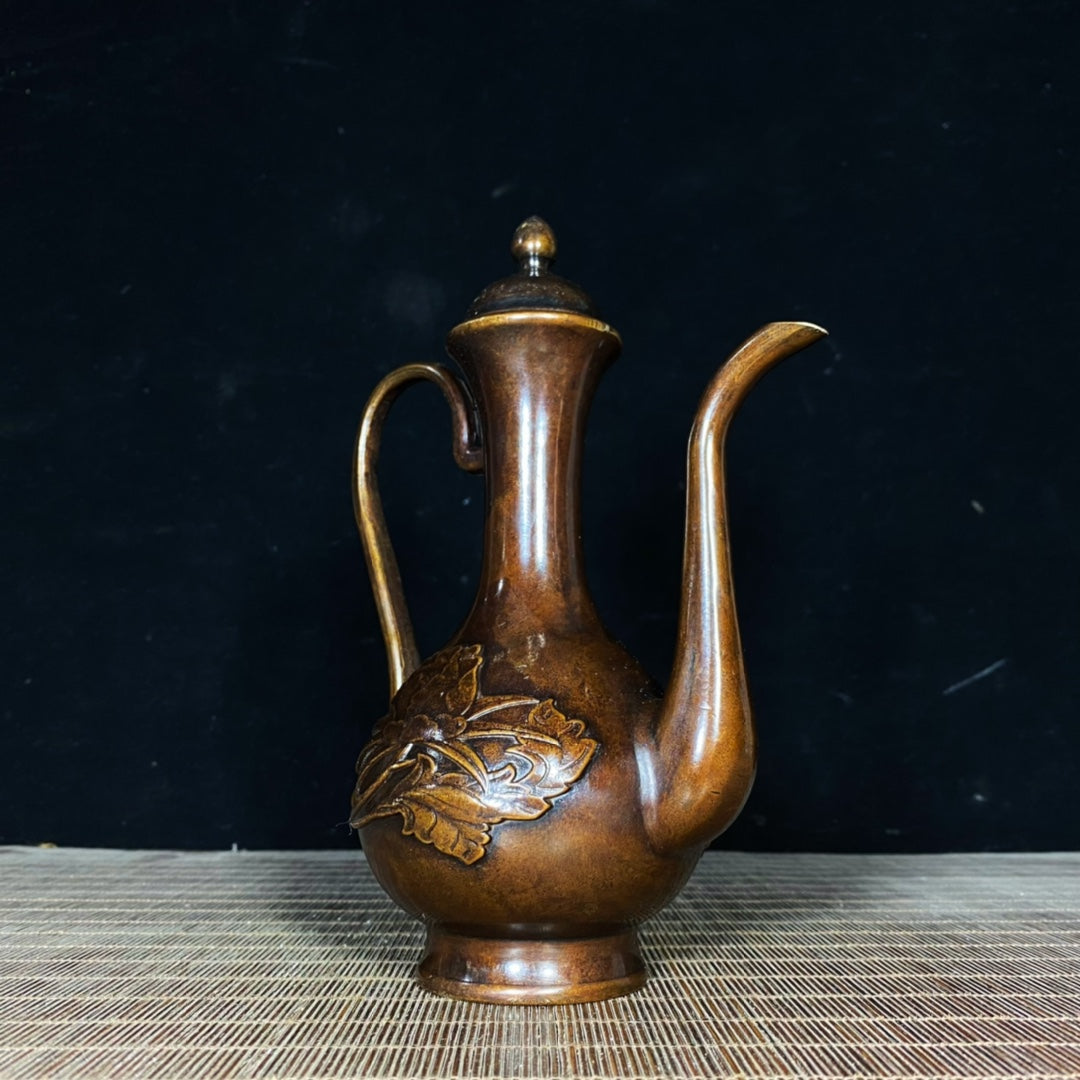 Handcrafted Pure Copper Relief Peony Wine Jug – Antique Asian Decorative Piece – Personalized Desktop Ornament – Unique Gift