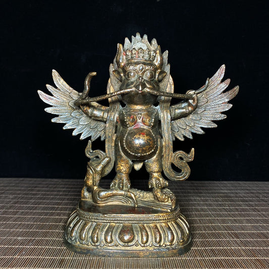 Handcrafted Antique Tibetan Garuda Statue - Bronze Gilt Vajra Protector Deity - Personalized Desktop Decor - Unique Gift - Asian Antique Collectible