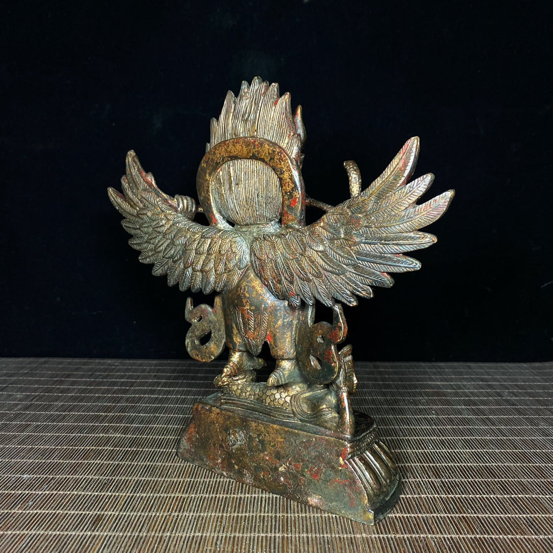 Handcrafted Antique Tibetan Garuda Statue - Bronze Gilt Vajra Protector Deity - Personalized Desktop Decor - Unique Gift - Asian Antique Collectible