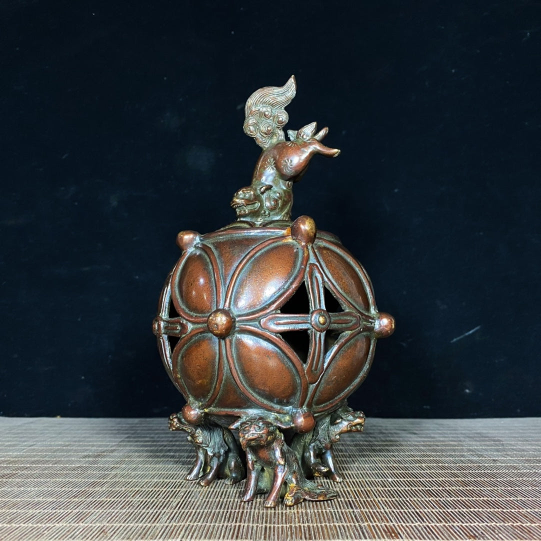 Handcrafted Pure Copper Lion Incense Burner with Embroidered Ball - Antique Asian Decor for Desktop - Unique Personalized Gift