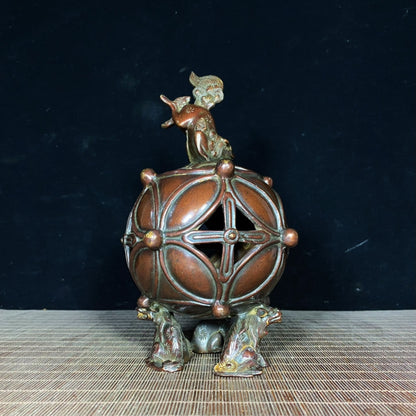 Handcrafted Pure Copper Lion Incense Burner with Embroidered Ball - Antique Asian Decor for Desktop - Unique Personalized Gift