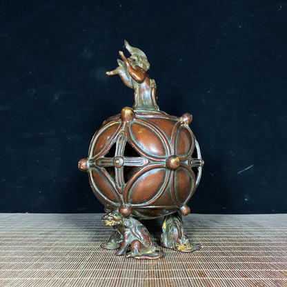 Handcrafted Pure Copper Lion Incense Burner with Embroidered Ball - Antique Asian Decor for Desktop - Unique Personalized Gift