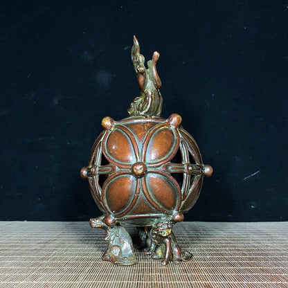 Handcrafted Pure Copper Lion Incense Burner with Embroidered Ball - Antique Asian Decor for Desktop - Unique Personalized Gift