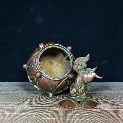 Handcrafted Pure Copper Lion Incense Burner with Embroidered Ball - Antique Asian Decor for Desktop - Unique Personalized Gift