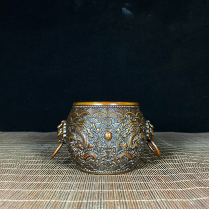 Antique Handcrafted Pure Copper Double Dragon Embossed Sea Wave Pattern Bowl - Unique Asian Decorative Piece for Desk or Gift