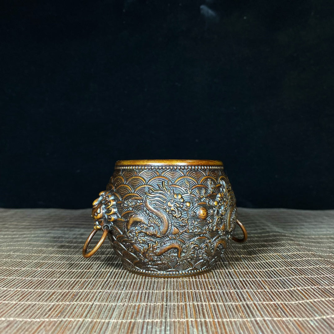 Antique Handcrafted Pure Copper Double Dragon Embossed Sea Wave Pattern Bowl - Unique Asian Decorative Piece for Desk or Gift