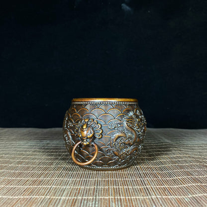 Antique Handcrafted Pure Copper Double Dragon Embossed Sea Wave Pattern Bowl - Unique Asian Decorative Piece for Desk or Gift