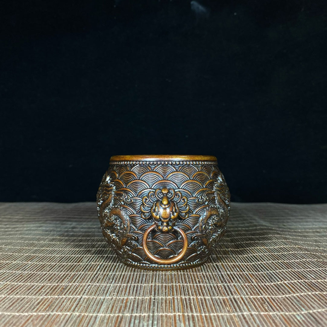 Antique Handcrafted Pure Copper Double Dragon Embossed Sea Wave Pattern Bowl - Unique Asian Decorative Piece for Desk or Gift