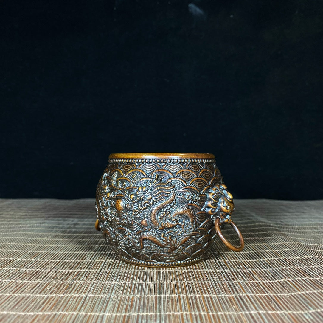 Antique Handcrafted Pure Copper Double Dragon Embossed Sea Wave Pattern Bowl - Unique Asian Decorative Piece for Desk or Gift