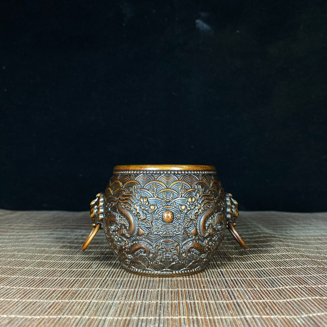 Antique Handcrafted Pure Copper Double Dragon Embossed Sea Wave Pattern Bowl - Unique Asian Decorative Piece for Desk or Gift