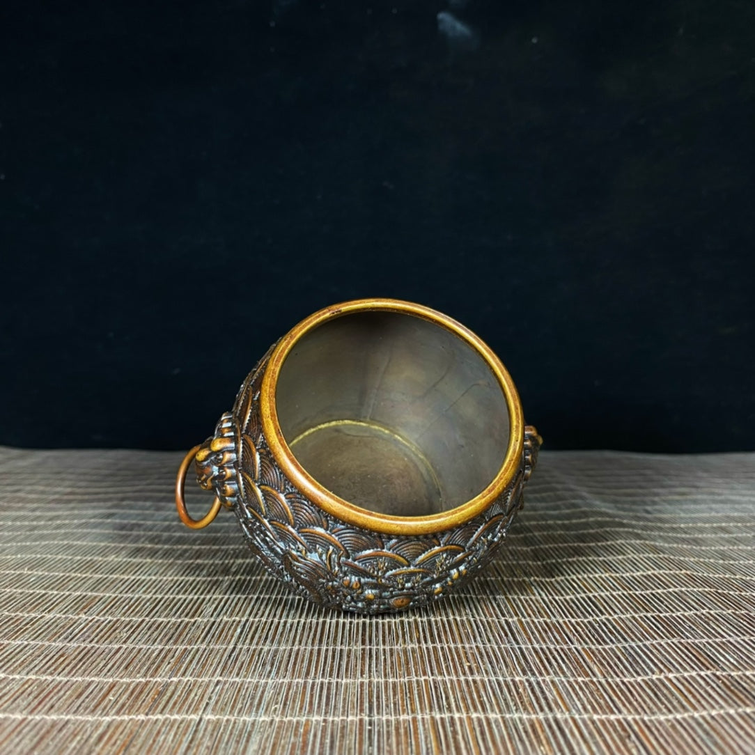 Antique Handcrafted Pure Copper Double Dragon Embossed Sea Wave Pattern Bowl - Unique Asian Decorative Piece for Desk or Gift