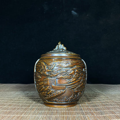 Handcrafted Pure Copper Relief Sculpture Jar of Great Wall and Eagle | Antique Decor | Desktop Ornament | Personalized Gift | Asian Antique