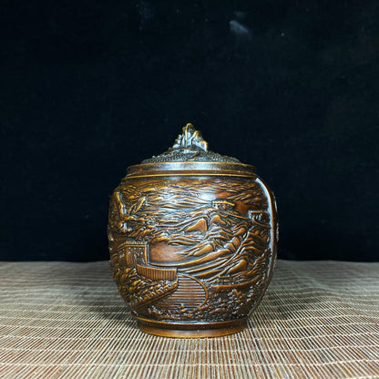 Handcrafted Pure Copper Relief Sculpture Jar of Great Wall and Eagle | Antique Decor | Desktop Ornament | Personalized Gift | Asian Antique