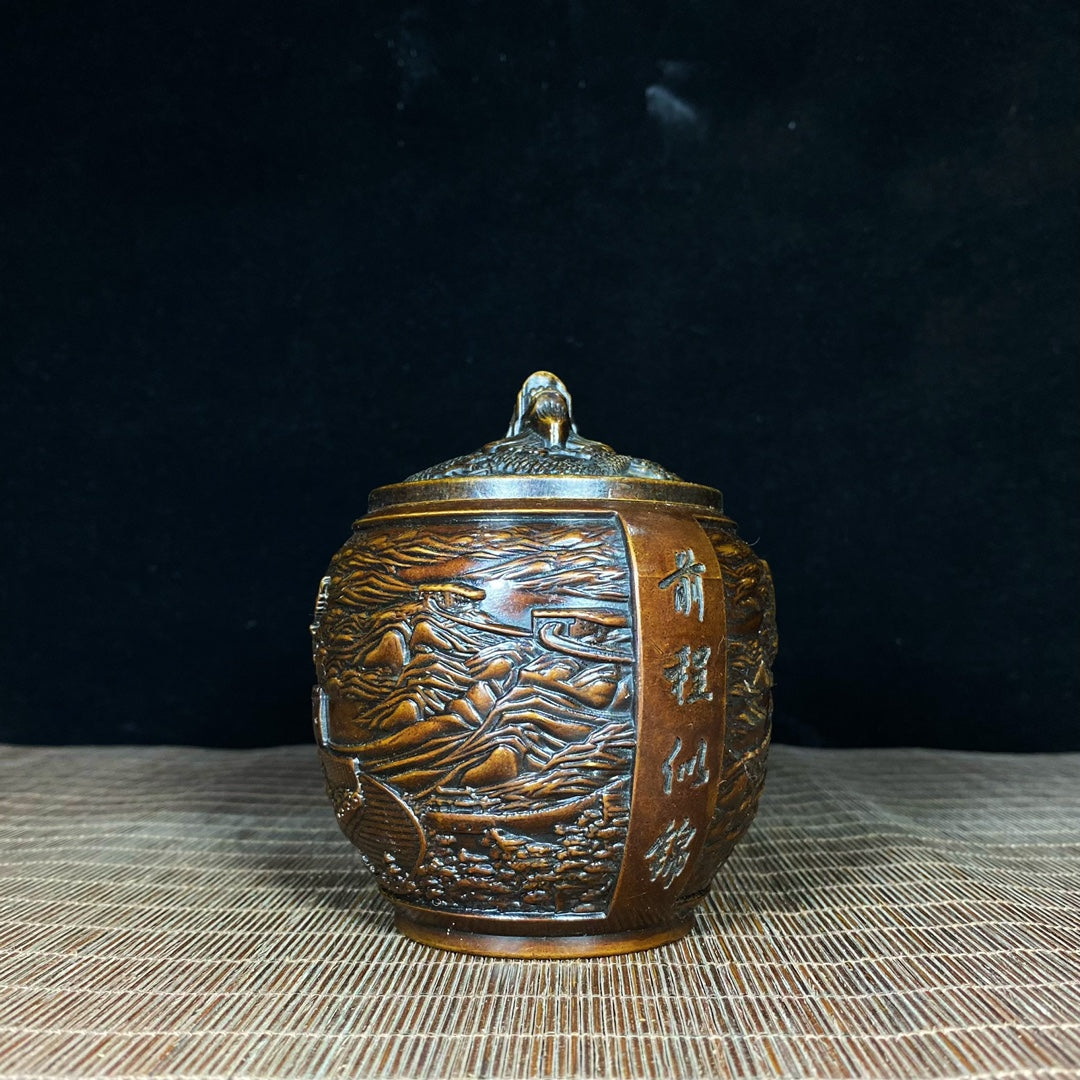 Handcrafted Pure Copper Relief Sculpture Jar of Great Wall and Eagle | Antique Decor | Desktop Ornament | Personalized Gift | Asian Antique