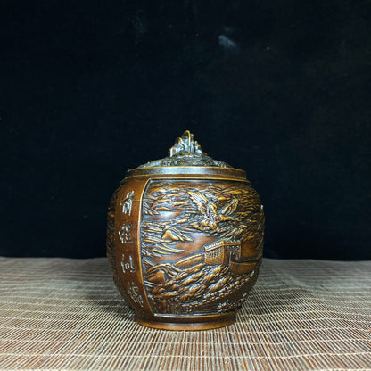 Handcrafted Pure Copper Relief Sculpture Jar of Great Wall and Eagle | Antique Decor | Desktop Ornament | Personalized Gift | Asian Antique