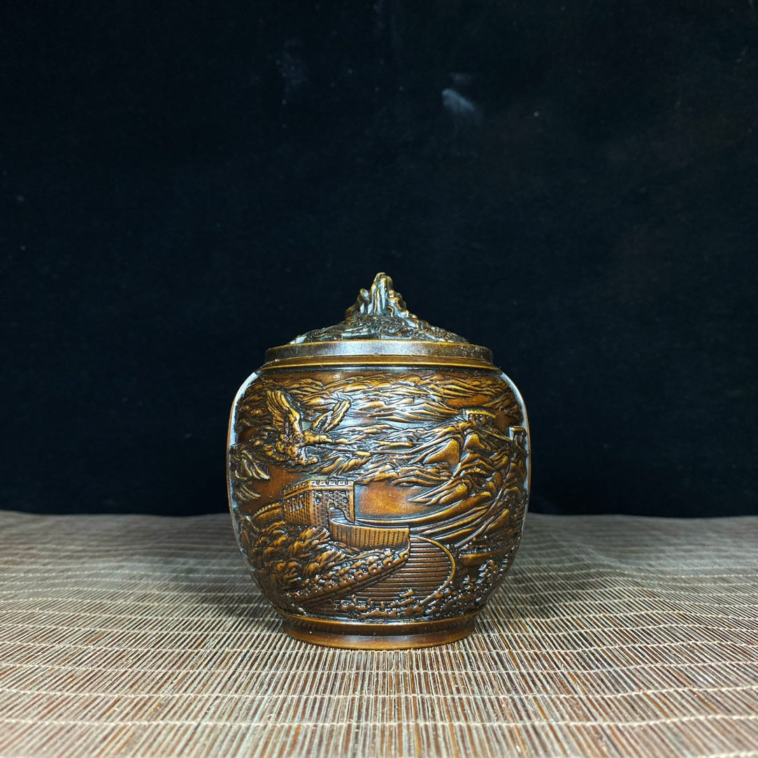 Handcrafted Pure Copper Relief Sculpture Jar of Great Wall and Eagle | Antique Decor | Desktop Ornament | Personalized Gift | Asian Antique