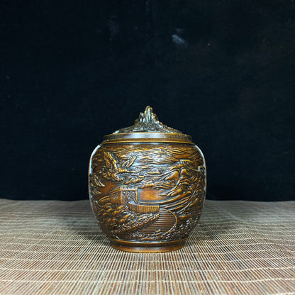 Handcrafted Pure Copper Relief Sculpture Jar of Great Wall and Eagle | Antique Decor | Desktop Ornament | Personalized Gift | Asian Antique