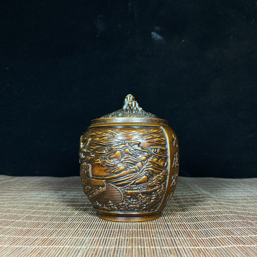 Handcrafted Pure Copper Relief Sculpture Jar of Great Wall and Eagle | Antique Decor | Desktop Ornament | Personalized Gift | Asian Antique