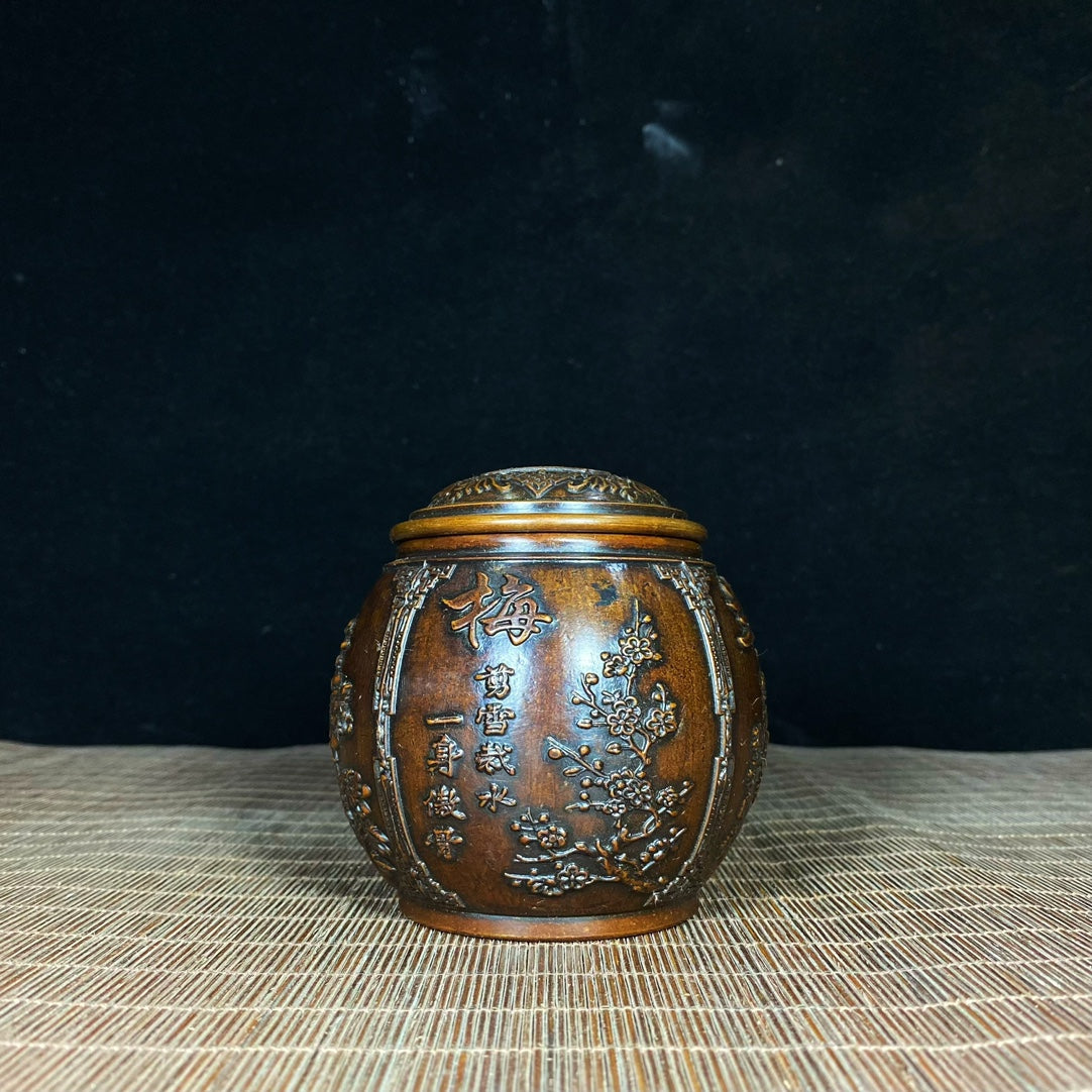 Antique Handcrafted Solid Brass Tea Caddy with Four Seasons Relief - Plum, Orchid, Bamboo, and Chrysanthemum - Unique Asian Decor & Personalized Gift