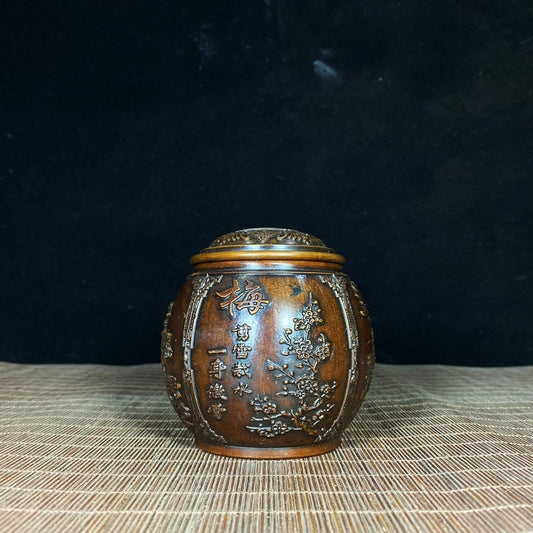 Antique Handcrafted Solid Brass Tea Caddy with Four Seasons Relief - Plum, Orchid, Bamboo, and Chrysanthemum - Unique Asian Decor & Personalized Gift