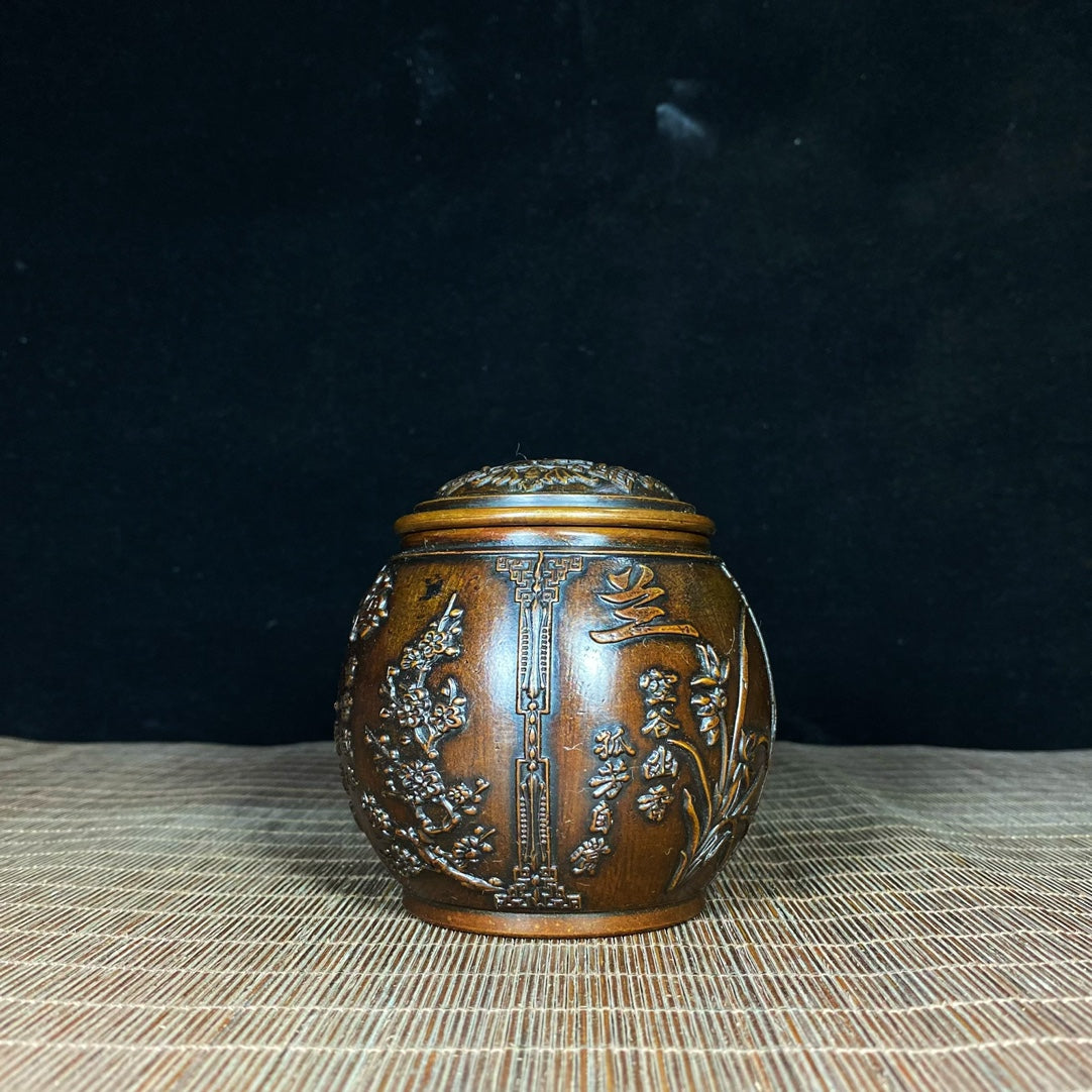 Antique Handcrafted Solid Brass Tea Caddy with Four Seasons Relief - Plum, Orchid, Bamboo, and Chrysanthemum - Unique Asian Decor & Personalized Gift