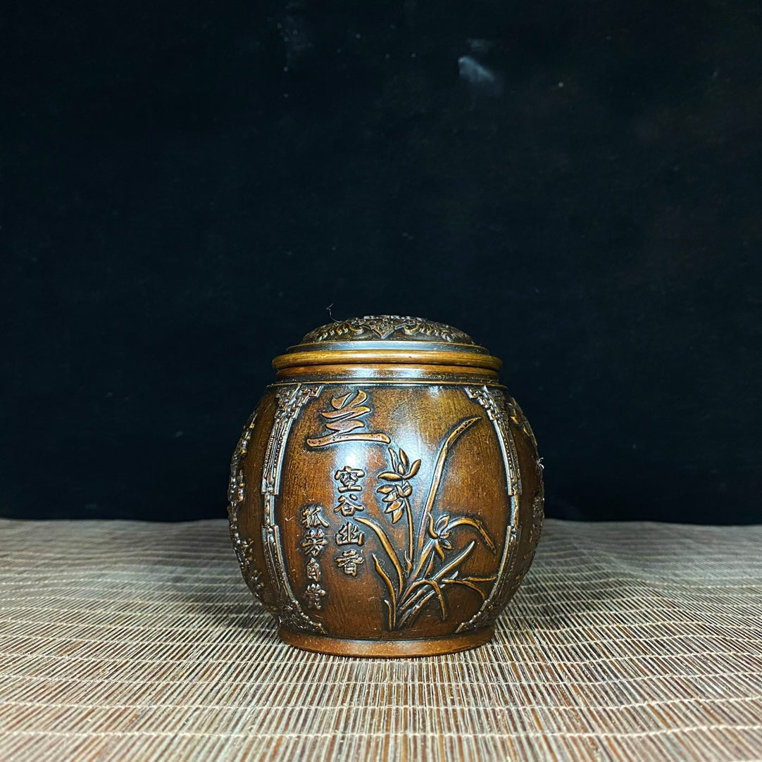 Antique Handcrafted Solid Brass Tea Caddy with Four Seasons Relief - Plum, Orchid, Bamboo, and Chrysanthemum - Unique Asian Decor & Personalized Gift