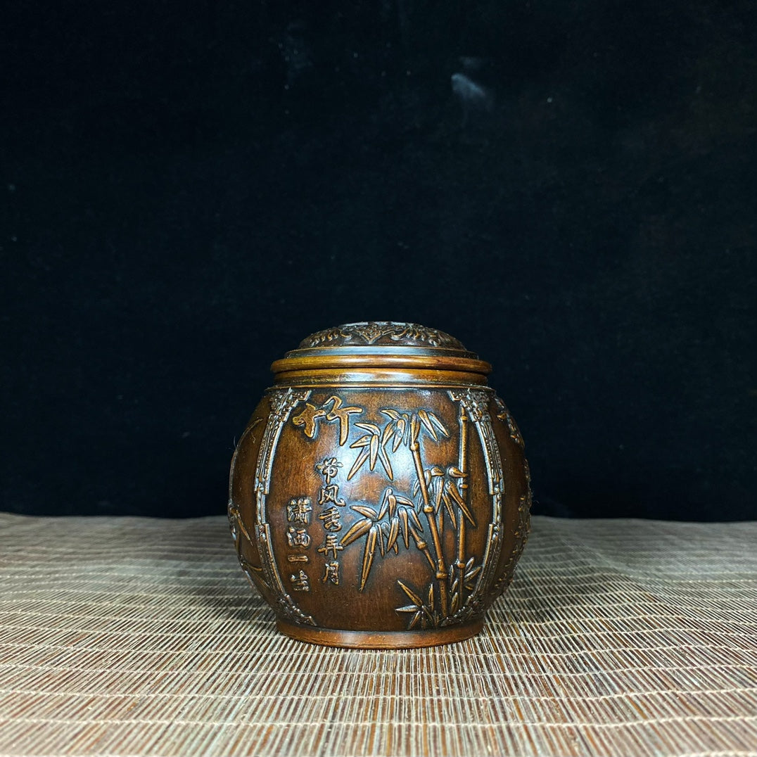 Antique Handcrafted Solid Brass Tea Caddy with Four Seasons Relief - Plum, Orchid, Bamboo, and Chrysanthemum - Unique Asian Decor & Personalized Gift