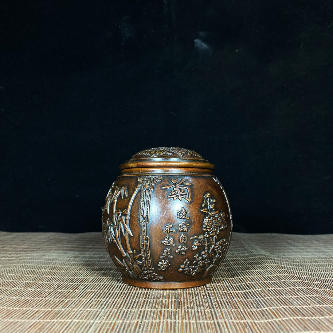 Antique Handcrafted Solid Brass Tea Caddy with Four Seasons Relief - Plum, Orchid, Bamboo, and Chrysanthemum - Unique Asian Decor & Personalized Gift