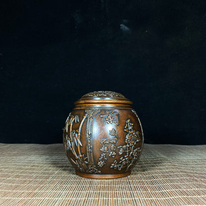 Antique Handcrafted Solid Brass Tea Caddy with Four Seasons Relief - Plum, Orchid, Bamboo, and Chrysanthemum - Unique Asian Decor & Personalized Gift