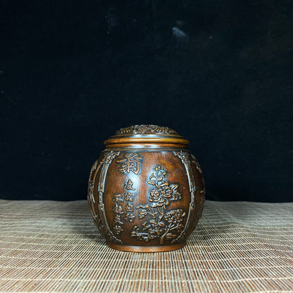 Antique Handcrafted Solid Brass Tea Caddy with Four Seasons Relief - Plum, Orchid, Bamboo, and Chrysanthemum - Unique Asian Decor & Personalized Gift