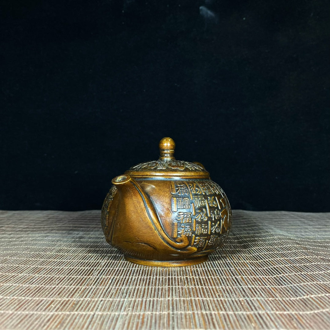 Antique Pure Copper Relief "Fu" Teapot - Handcrafted Asian Antique Decorative Piece, Desktop Ornament, Personalized Gift