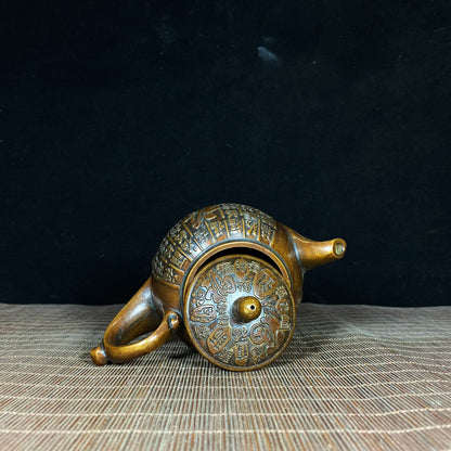 Antique Pure Copper Relief "Fu" Teapot - Handcrafted Asian Antique Decorative Piece, Desktop Ornament, Personalized Gift