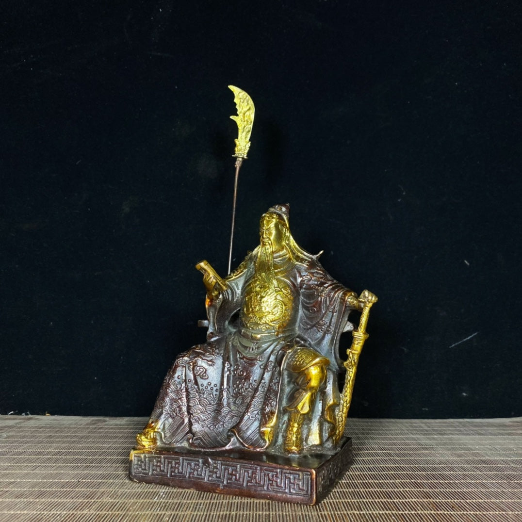 Antique Solid Brass Gilded Guan Yu Statue - Handcrafted Asian Decor, Unique Desk Ornament, Personalized Gift