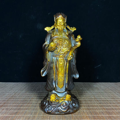 Antique Gilded Solid Brass God of Wealth Statue - Unique Asian Decor, Desktop Ornament, Personalized Gift