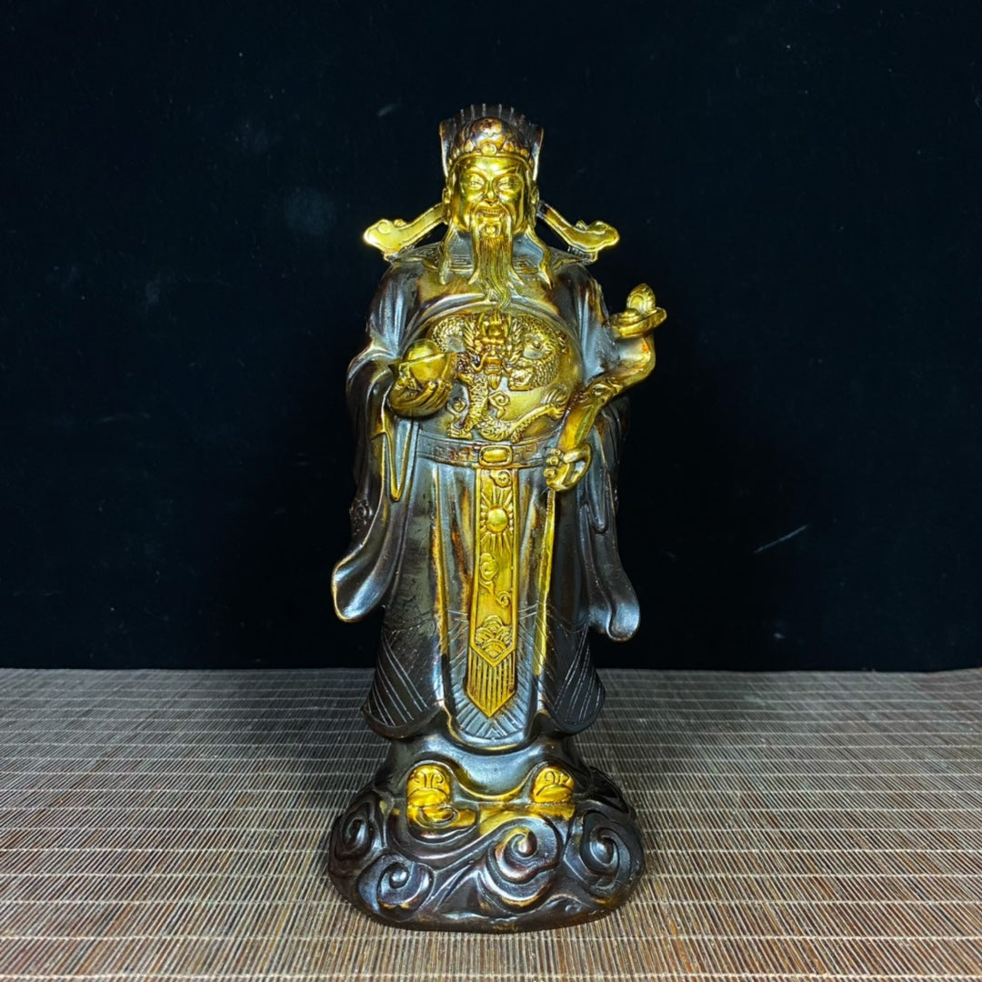 Antique Gilded Solid Brass God of Wealth Statue - Unique Asian Decor, Desktop Ornament, Personalized Gift